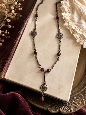 Victorian Style Red Bead Y Necklace Silver Tone Openwork Rosette Station Drop